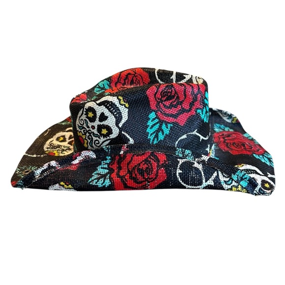Peter Grimm Cowboy Hat Sugar Skulls/Rose Print Black Cotton Western Cowgirl EUC - Picture 4 of 8